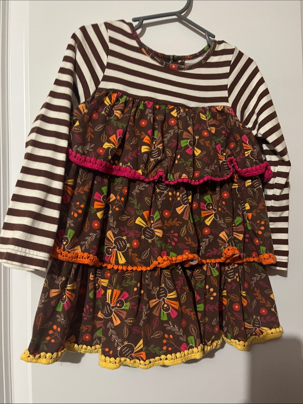 Thanksgiving dGood Lad Brown Striped Bodice Floral Tiered Dress with Bright Tri